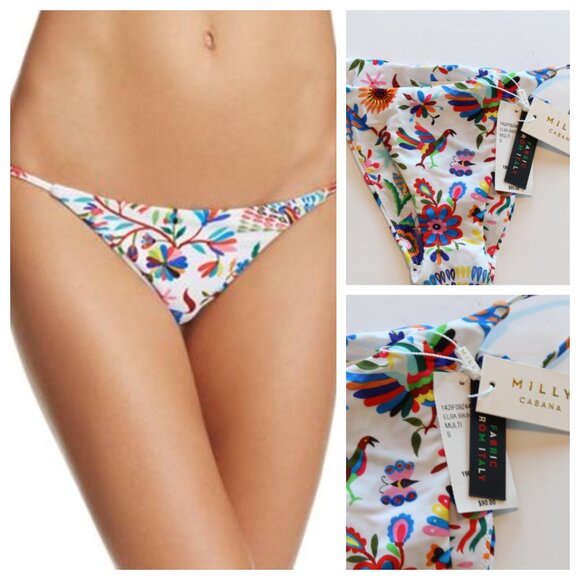 Milly Cabana Elba Italian Folkoric Bikini Swim Bottom White Floral Small NWT